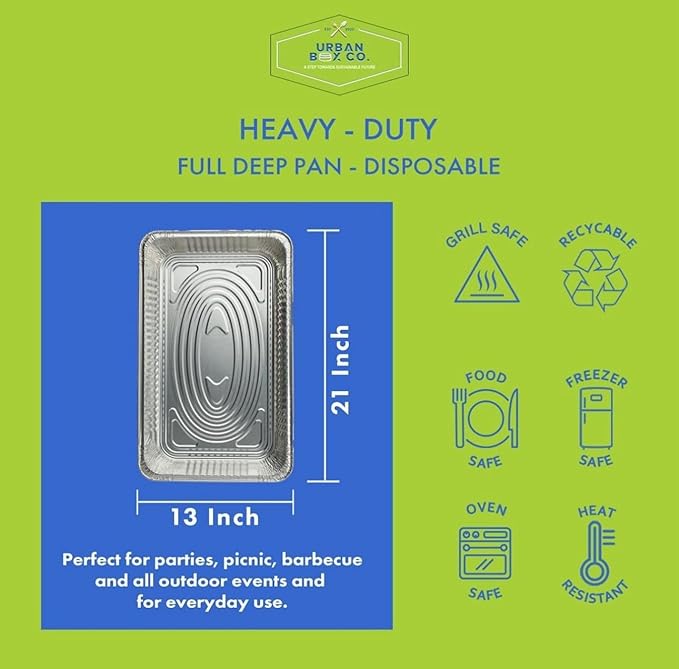 Urban Box Co. Full Size Deep Aluminum Pans (20 pk) - 21x13 inch Steam Table Chafing Pan: Extra Heavy Duty, Disposable Foil Tray for Restaurant. Ideal for Roasting, Cooking, Storing Food (20, No Lid)