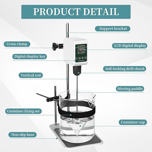 OS-5S Digital Overhead Stirrer 10L(H₂O) Lab Stirrer Flat-Base Stainless Steel Stand & 2 Stirring Paddles & Beaker Holder | 100-1200RPM,10000 mPas,Timing 1min-24h