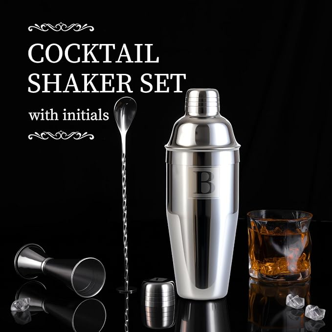 24oz Cocktail Shaker Set with 1 oz 2oz Jigger - Monogramm Initials Martini Shaker Set - 304 Stainless Steel Bar Shaker for Margarita,Mojito-Personalized Gift for Friend,Husband-V