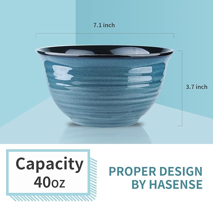 HASENSE Soup Bowls for Kitchen, 40 Ounce Large Cereal Bowls, 7 Inch Ceramic Serving Bowls for Salad Pasta Soup Popcorn, Dishwasher & Microwave Safe, Set of 4(Blue)