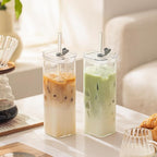 6 Sets Square Drinking Glass Cups, Old Fashioned Glasses, 17 Oz Square Glasses, Clear Highball Modern Glassware Tumbler Mixed Drinkware with Straws for Cocktail Coffee Juice Beer (Square-6PCS)