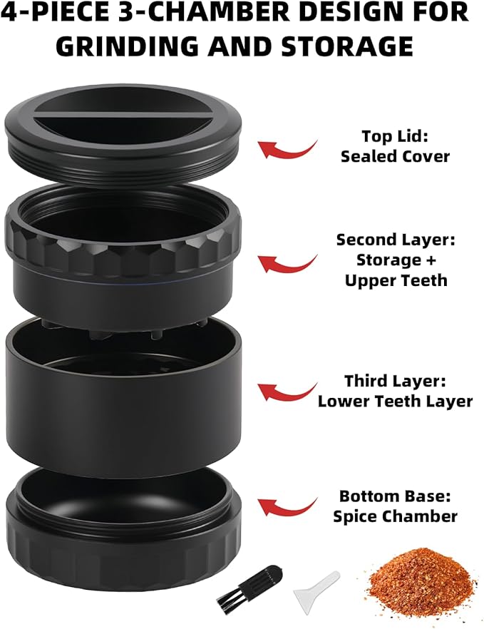 2.5" Grinder [Aluminum] 3-Piece 4-Parts Grinder for Kitchen Spice with Top Storage, Anti-jamming Teeth & Large Bottom Chamber