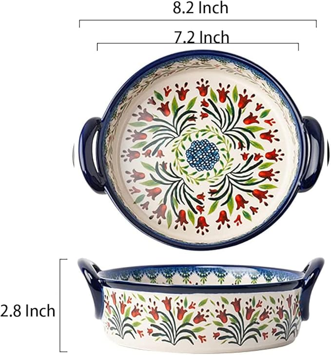 Vintage Style Tulip Flower Pattern Ceramic Bakeware Casserole Dish Baking Pan Lasagna Pans Baking Dish with Handles for Oven/Cooking/Kitchen-1 PCS-32 OZ