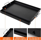LotFun 17" x 13" Carbon Steel Cooking Griddle for Outdoor Gas Grill, Universal Griddle Flat Top Plate Insert with Grease Groove and Removable Handles for Electric/Charcoal/Gas Grill, Camping,Party