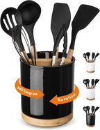 LoeJan 3 Compartment Utensil Holder, Extra Large Utensil Crock, Stable Ceramic Utensil Organizer, Cooking Tool Organizer Set for Kitchen Counter Farmhouse Decor (D-Black(Grossy))