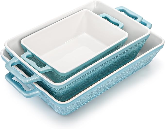 Hacaroa Set of 3 Ceramic Baking Dishes, Rectangular Bakeware with Handles, Elegant Casserole Dish Set Lasagna Pan for Baking, Cooking, Cake Dinner, Banquet, Lake Blue, 3 Sizes