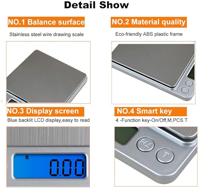 Digital Kitchen Scale,High Precision Stainless Steel Multifunction Food Scale Grams and Ounces Back-Lit LCD Display Small Pocket Jewelry Scales Auto Off,Tare,PCS,UNTS/Mode (3kg/0.1g)