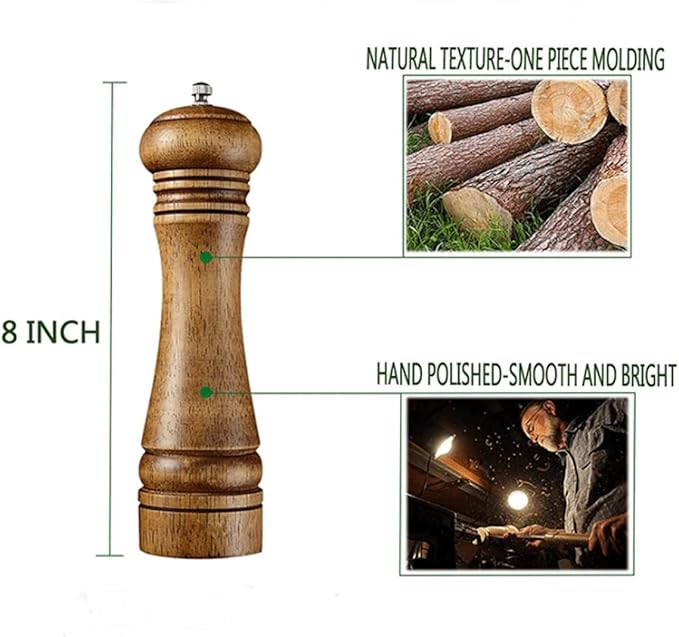 Wooden Pepper Mill Set Salt Pepper Grinder Kit Manual Mills Solid with Strong Adjustable Ceramic Grinders 2 Piece 8 Inches