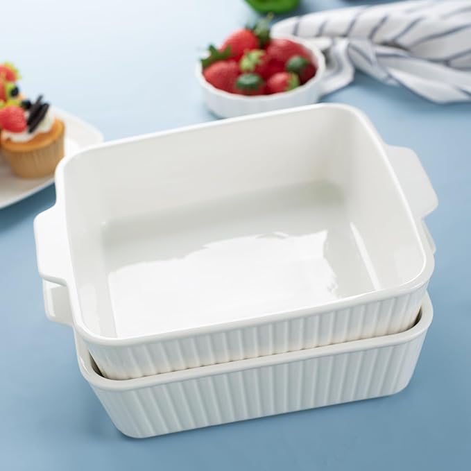 10" Square Ceramic Casserole Dish Set of 2-2.6 Qt Deep Baking Dishes with Handles for Oven, Lasagna Pan for Casseroles Cake Bread, Microwave Dishwasher Safe Bakeware Set, White