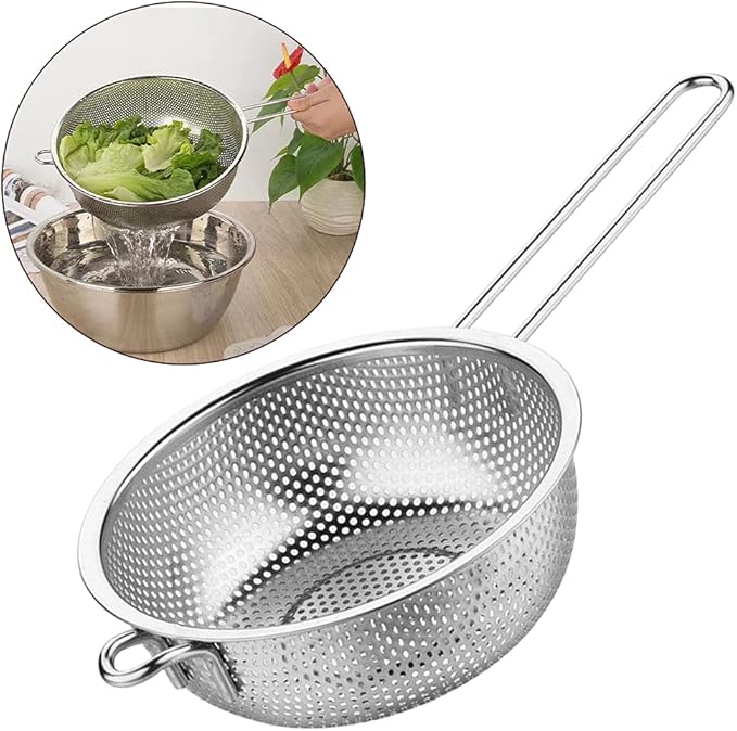 Stainless Steel Basin Colander with Handle, Fine Mesh Kitchen Food Strainer, Large Metal Food Pasta Colanders for Pasta, Noodles, Vegetables and Fruits(COLOR:silver)