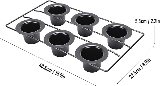 Aramox 6 Cup Popover Pan for Baking, Non Stick Carbon Steel, Deep Tapered Cups with Wire Rack, 22.5x40.5x5.5cm/8.9x15.9x2.2in