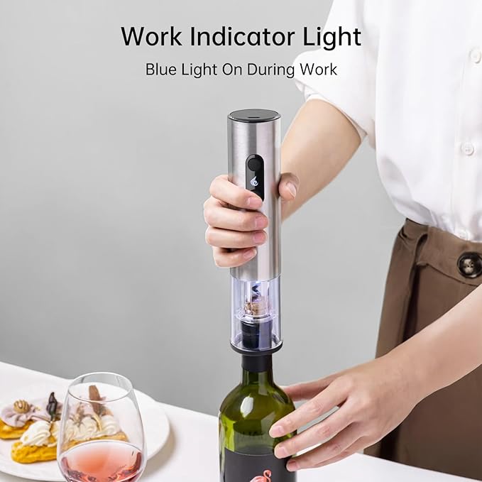 Rechargeable Wine Opener by ELMWAY, Electric Wine Bottle Opener with Foil Cutter, LED Light and Stainless Steel Shell, Cordless Corkscrew & Cork Remover, Gifts for Wine lover- Silver