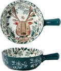 Ceramic Baking Pan, Forest Animals Pattern Tableware With Handle Salad Bowl Au Gratin Dish(Deer round)