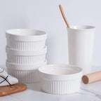 DELLING Ramekins 12 Oz Oven Safe Set of 6, Porcelain Souffle Dish for Baking - Creme Brulee Bowls for French Onion Soup Lava Cake Pudding, Stackable, White