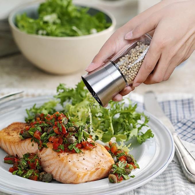 Salt and Pepper Grinder Short Size - Black Pepper,Herb Shakers Mill Refillable Manual - Stainless Steel Lid - Adjustable Coarseness - Glass Material- Fits in Home,Kitchen,Barbecue