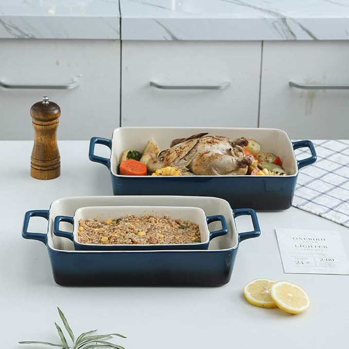 KOOV Bakeware Set, Ceramic Baking Dish, Rectangular Baking Pans Set, Casserole Dish for Cooking, Cake Dinner, Kitchen, Wrapping Upgrade, 12 x 8.5 Inches, 3-Piece (Gradient Blue)