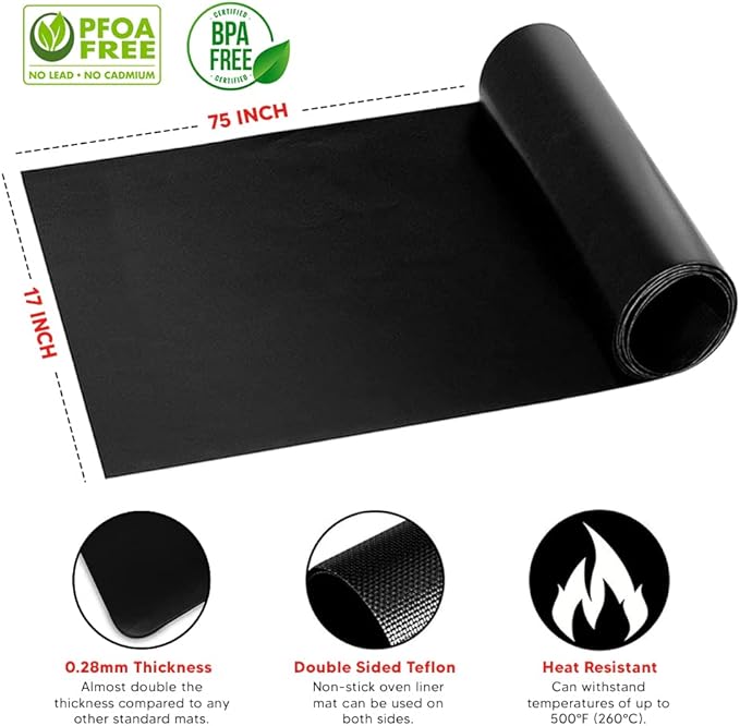 Teflon Liner Roll for Ovens, Stovetops & Grills (75” x 17”) - Custom Cut to Size & Shape Needed - Versatile Non-Stick Teflon Mat, Can Use As Oven Liner, Grill Mat, Stovetop Cover, Baking Sheet, etc.