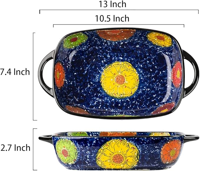 Vintage Style Pottery Bakeware Colorful Daisy Pattern Ceramic Casserole Dish Baking Pan Lasagna Pans Baking Dish with Handles from Oven to Table Plate-1 PCS, 60 OZ