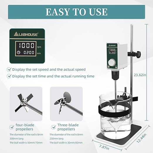 OS-15S Digital Overhead Stirrer 20L(H₂O) Lab Stirrer Flat-Base Stainless Steel Stand & 2 Stirring Paddles & Beaker Holder | 100-1500RPM,20000 mPas,Timing 1min-24h
