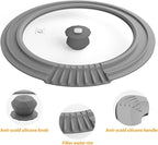 Tempered Strainer Lid for Stockpot, Pasta, Soup Pots with Heat Resistant Silicone Rim - Universal Pan Lids with Pour Spout - Microwave Safe - Fit 6.5-9.5 inch - Light Grey