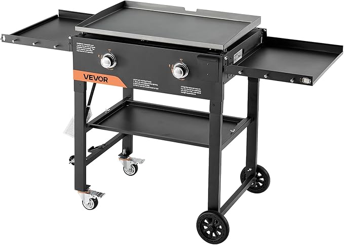VEVOR Gas Griddle, 2-Burner Flat Top Grill, 28 inch Grill Plate Foldable Propane Griddle with Wheels, 30000 BTU Outdoor Flat Top Grills for Pan-Frying, Grilling, Stir-Frying, & BBQ, Pulse Ignition