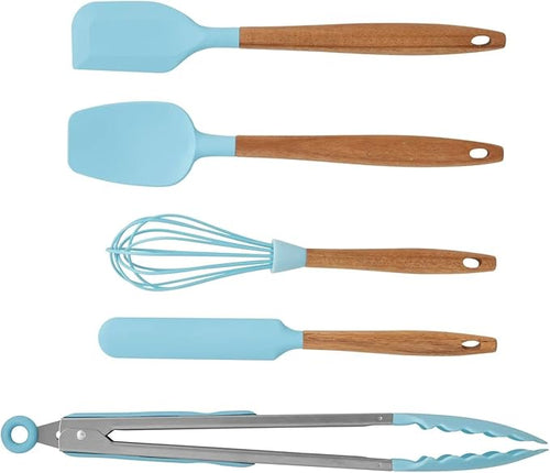 10-Piece Silicone Kitchen Utensils Set with Acacia Wood Handles, Nonstick Safe, Heat Resistant Cooking Tools for Everyday Use (Blue)