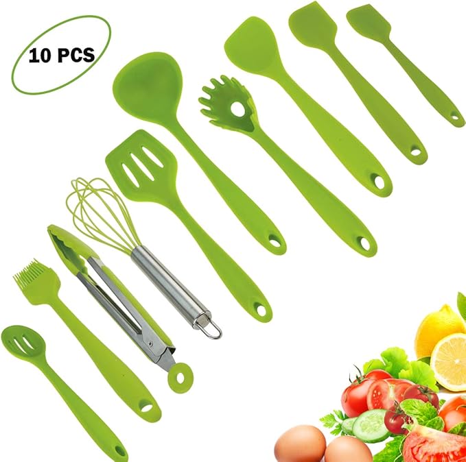 10pcs Silicone Utensils Set, Heat-Resistant, Non-Stick, Safety Health, Silicone Baking Kitchen Cooking Tool Sets (Green)