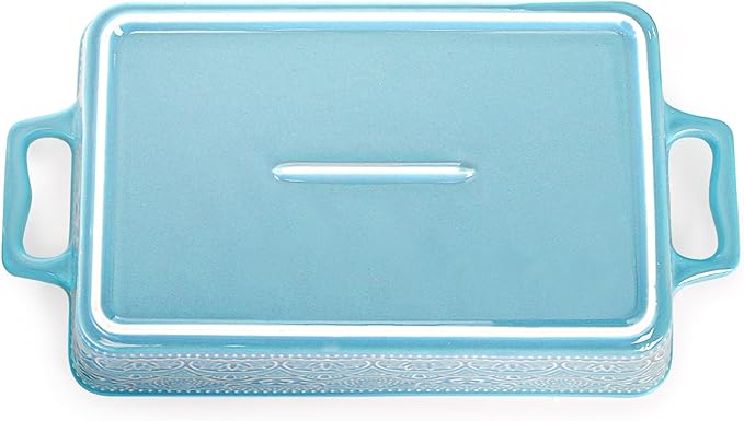 Hacaroa Set of 3 Ceramic Baking Dishes, Rectangular Bakeware with Handles, Elegant Casserole Dish Set Lasagna Pan for Baking, Cooking, Cake Dinner, Banquet, Lake Blue, 3 Sizes