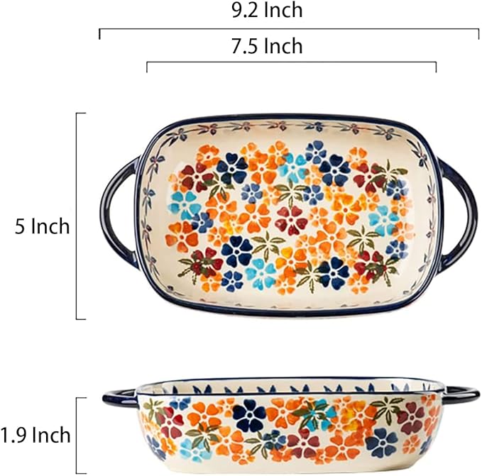 Colorful Cherry Blossom Flowers Vintage Style Ceramic Bakeware Dish Casserole Dish Baking Pan Lasagna Pans with Handles for Oven/Cooking/Kitchen, 1 PCS, 22 oz