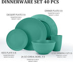 Wheat Straw Dinnerware Sets 40 PCS Unbreakable Dishes Set for Kitchen, Outdoor, Camping Dishes Plates and Bowls Sets with Cups, Dessert Plates, Dishwasher & Microwave Safe - Green