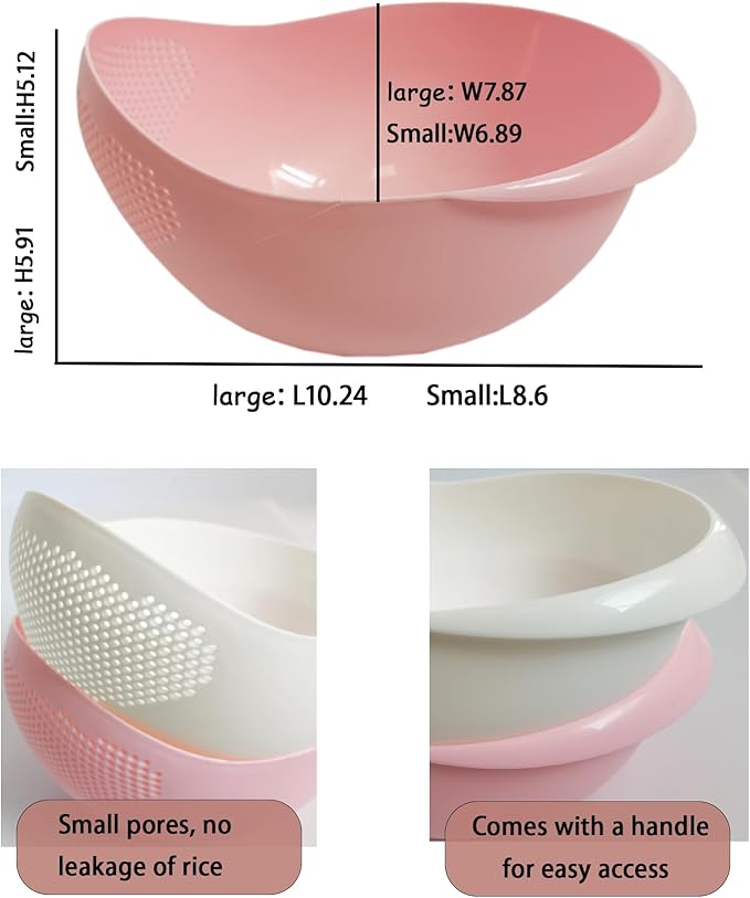 2-in-1 Rice Colander, Vegetable and Fruit Cleaning Filter Basket, 2Piece Sturdy and Easy-To-Use Food Grade Kitchen Tool Accessories (Pink, Small)