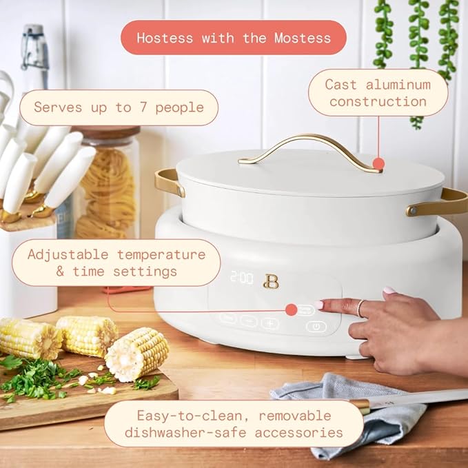 Beautiful 10-in-1 6-Quart Electric Multi-Cooker with Ceramic Coated Pot, Oven Safe to 400°F, Easy Cleanup & Multi-Function Cooking, by Drew Barrymore (White Icing)