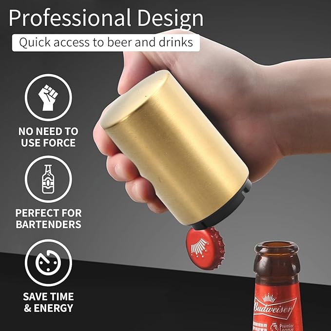 Automatic Bottle Opener Bottle Cap Opener Beer Bottle Opener Destapadores de Cerveza, Down-Pop Off Beer Bottle Openers with Magnetic Cap Catcher, Home Bars Kitchen Cool Bartender Tools（Gold）