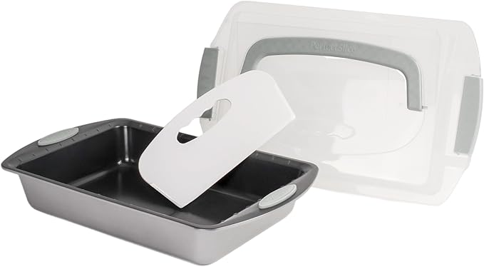 BergHOFF 11Pc Perfect Slice Bakeware Set, Covered Rectangle Cake Pan, Cookie Sheets, Muffin Pan, Loaf Pan, Round, Square and Rectangle Cake Pans, Slicer, Silver & Silver