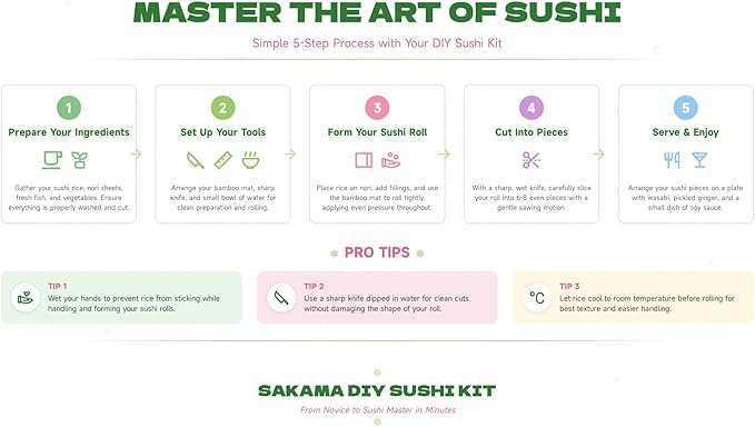 Complete Sushi Making Kit, 21 Pieces, Black Bazooka Roller with Natural Bamboo Mats, Knife, Chopsticks, Dipping Dishes, Rice Tools, DIY Home Sushi Rolling Set