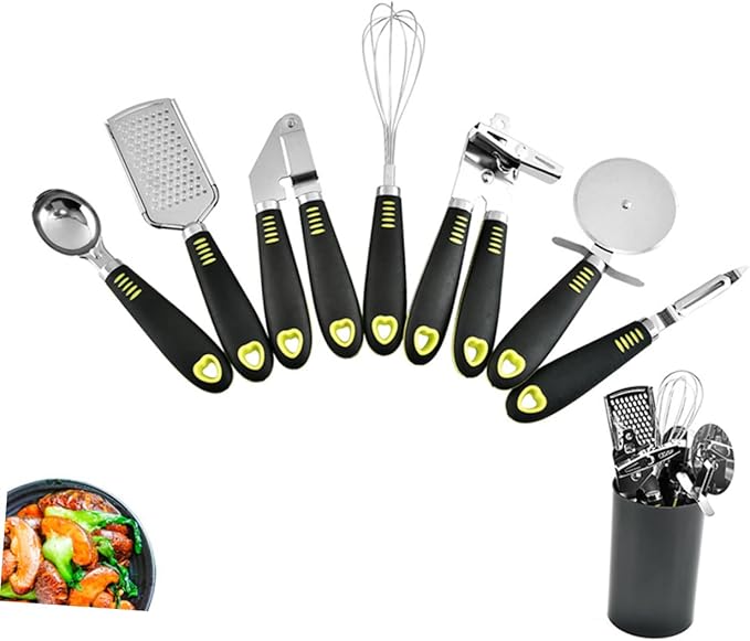 PRETYZOOM 7pcs Stainless Steel Kitchen Gadgets Set Utensils Griddle Spatula Tongs Cheese Grater Pizza Wheel Can Opener for Cooking