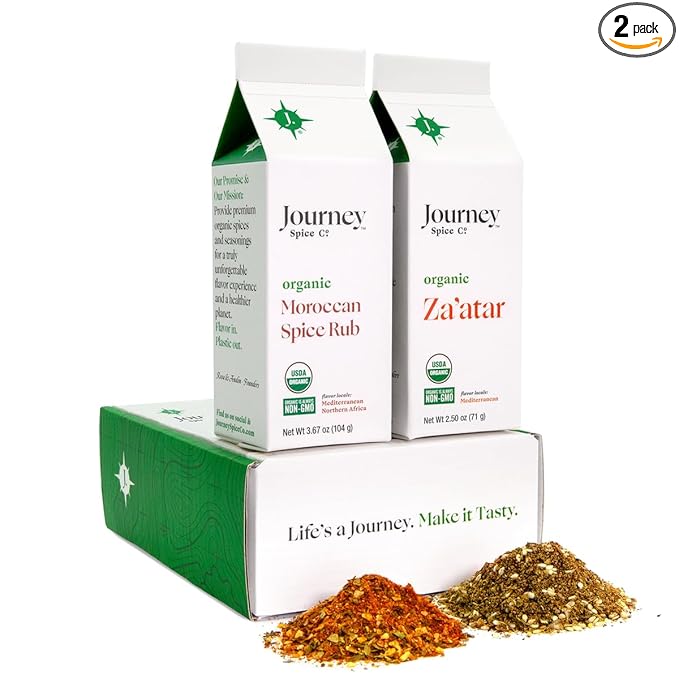 Gourmet Organic Moroccan Spice Rub & Organic Za’atar Gift Set by Journey Spice Co. | Salt-Free | Mediterranean Seasoning | Poultry, Chicken, Shawarma, Tagine, Meat & Vegetable Seasoning | Non-GMO, Natural | 6.17 oz. (total) | Resealable/Reusable Cap