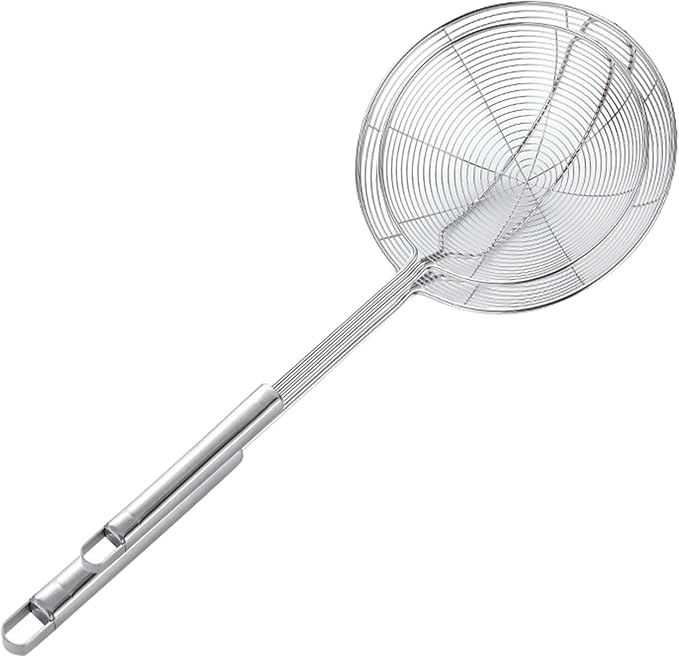 Stainless Steel Spider Skimmer, Set of 2 Professional Kitchen Pasta Strainer Spoon with Long Handle (L17 x D7.5 and L15.7 x D6)