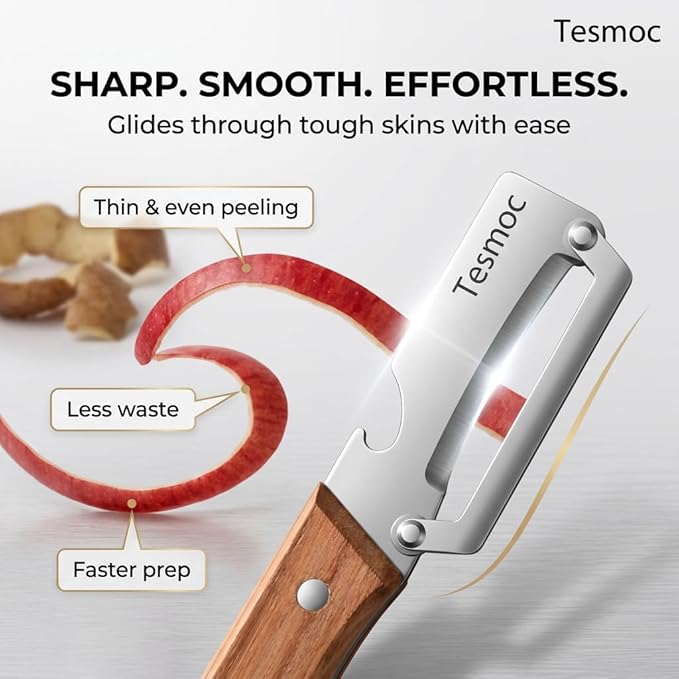 Multifunctional Fruit and Vegetable Peeler,Premium Stainless Steel Blade,Wooden Handle Hand Tool with Bottle Opener,Julienne Peeler for Potato,Cucumber,Orange,Pineapple,Veggie (3)