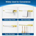 Paper Towel Holder Under Cabinet - Stainless Steel Paper Towel Holder Wall Mount, Self-Adhesive or Drilling, Matte Gold Towel Rack for Kitchen Organization and Storage, Kitchen Paper Roll Holder