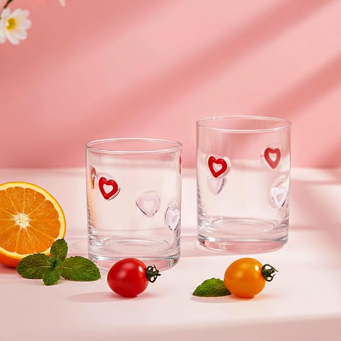 Skylety 2 Pcs Heart Icons Juice Glasses Love Drinking Cups 13.5 oz Old Fashioned Whiskey Cocktail Coffee Mugs for Mother's Day Party Gift Decor