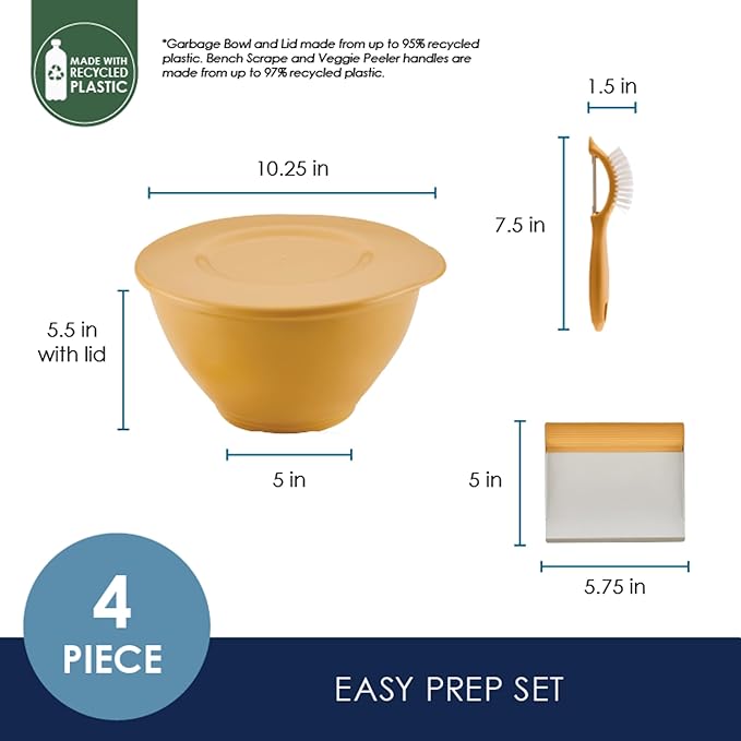 Rachael Ray Tools and Gadgets Kitchen Prep, Garbage Bowl with Lid, Bench Scrape, Veggie Peeler, 4 Piece Food Prep Set - Turmeric Yellow