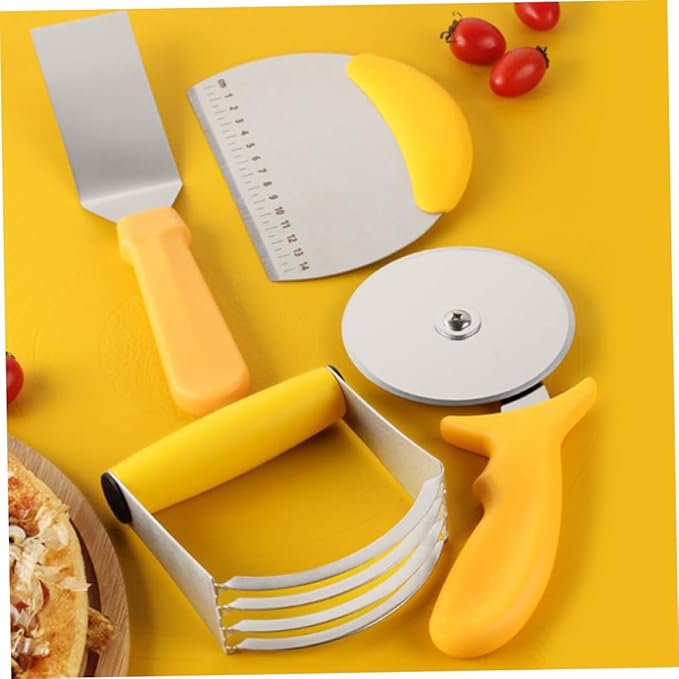 Zerodeko 5pcs Stainless Steel Pizza Cutter and Silicone Dough Kneading Mat Set with Measurement for Baking and Kitchen Cooking Tools