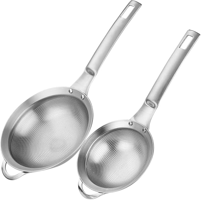 Collfa Punch Hole Sieve Fine Mesh Stainless Steel Small Colander Strainer With Handle Metal Micro Sifter Set of 2 for Kitchen Baking and Food Filter Rice,Tea,Pasta,Flour,Juice,Mini 3.55 and 4.33 Inch