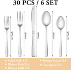 30 Piece Silverware Set Service for 6,Premium Stainless Steel Flatware Set,Mirror Polished Cutlery Utensil Set,Durable Home Kitchen Eating Tableware Set,Include Fork Knife Spoon Set,Dishwasher Safe