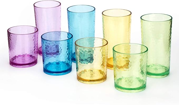 KX-WARE 14-ounce and 20-ounce Acrylic Glasses Plastic Tumbler, set of 8 Multicolor - Hammered Style, Dishwasher Safe, BPA Free
