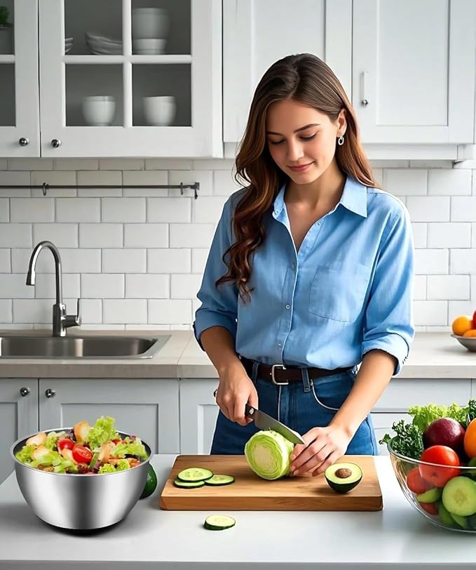 5.3QT Salad Spinner Large,Stainless Steel Lettuce Spinner,Fruit Vegetables Wash Bowl with 5 Blade Slicer,Egg Yolk Strainer Slicer Shredder,Kitchen Colander for Salad Make and Food Washing