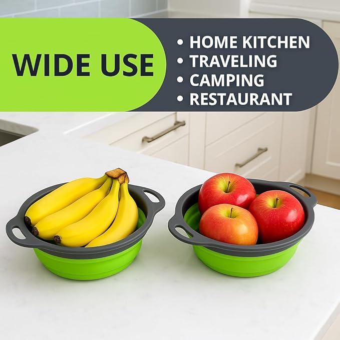 Small Collapsible Colander with Plastic Handles Round Silicone Kitchen Strainers Foldable Kitchen Strainer Perfect for Draining Pasta Vegetable and Fruit Green
