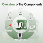 Kitchen in the box Stand Mixer - 6.5 Quart Mixing Bowl with Handle, 900 Watt Heavy Bread Dough Standing Mixers Tilt-head with Dough Hook, Whisk, Flat Beater and Splash Guard (Green)