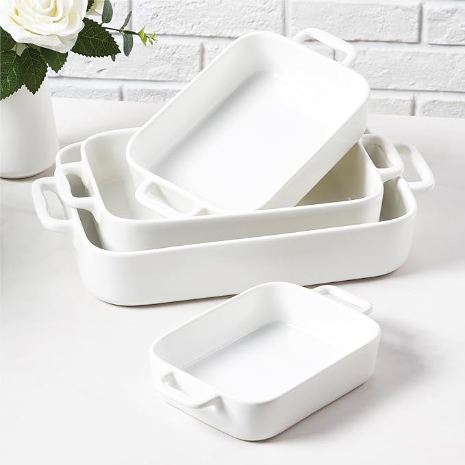 ONEMORE Casserole Dishes for Oven,9.5"x15.4" Baking Dishes Set of 4,Ceramic Bakeware Sets with Handles for Cooking, Baking,Serving, Wedding and Gifting, Baking Pan White , Microwave & Dishwasher Safe(7.5"/11.2"/13.4"/15.4")